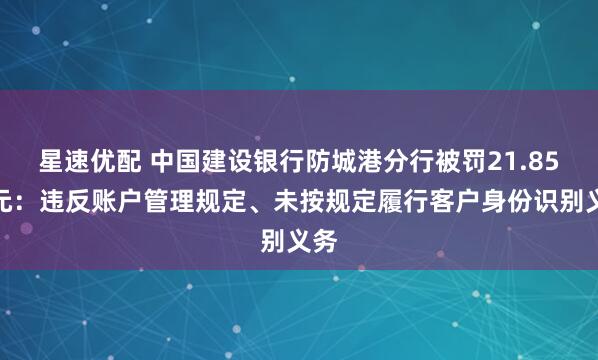 星速优配 中国建设银行防城港分行被罚21.85万元：违反账户管理规定、未按规定履行客户身份识别义务